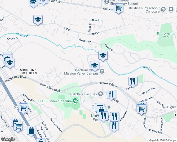map of restaurants, bars, coffee shops, grocery stores, and more near 2021 Highland Boulevard in Hayward