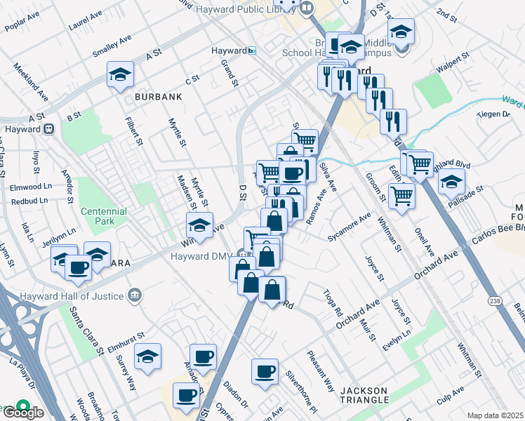 map of restaurants, bars, coffee shops, grocery stores, and more near 24102 Park Street in Hayward
