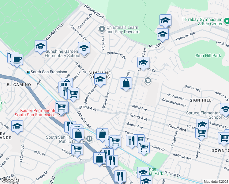 map of restaurants, bars, coffee shops, grocery stores, and more near 328 Susie Way in South San Francisco