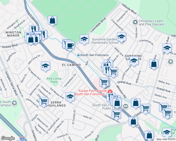map of restaurants, bars, coffee shops, grocery stores, and more near 1383 El Camino Real in South San Francisco