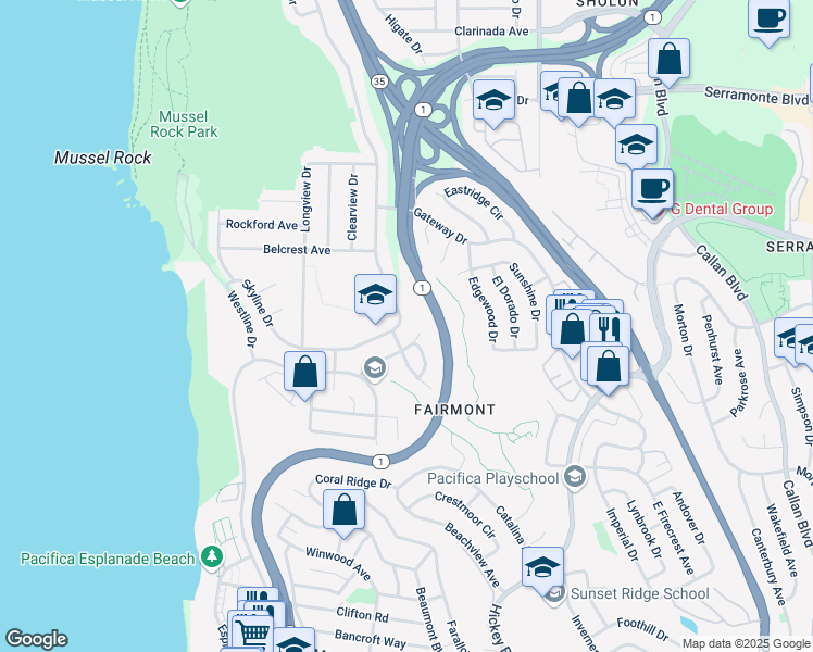 map of restaurants, bars, coffee shops, grocery stores, and more near 1189 Skyline Drive in Daly City