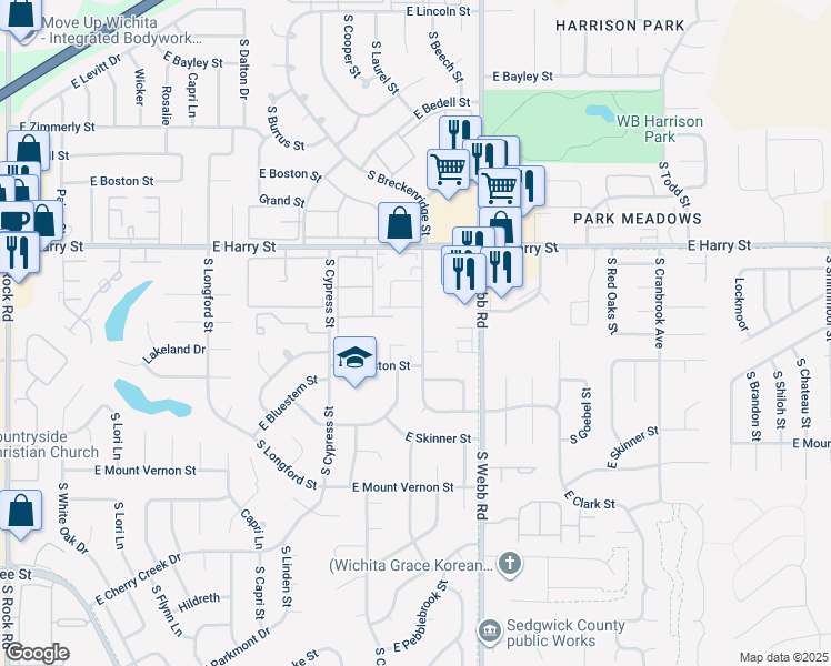 map of restaurants, bars, coffee shops, grocery stores, and more near 1649 South Beech Street in Wichita