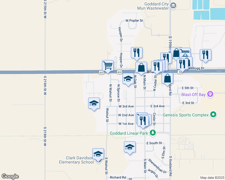 map of restaurants, bars, coffee shops, grocery stores, and more near 600 North Walnut Street in Goddard