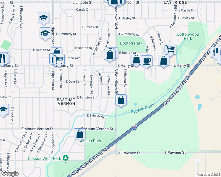 map of restaurants, bars, coffee shops, grocery stores, and more near 1714 Windsor Street in Wichita