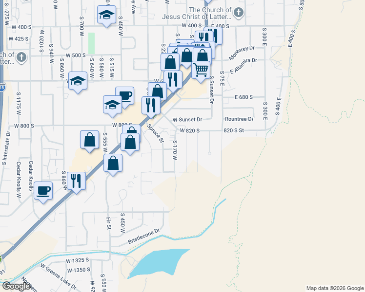 map of restaurants, bars, coffee shops, grocery stores, and more near 884 South 110 West in Cedar City