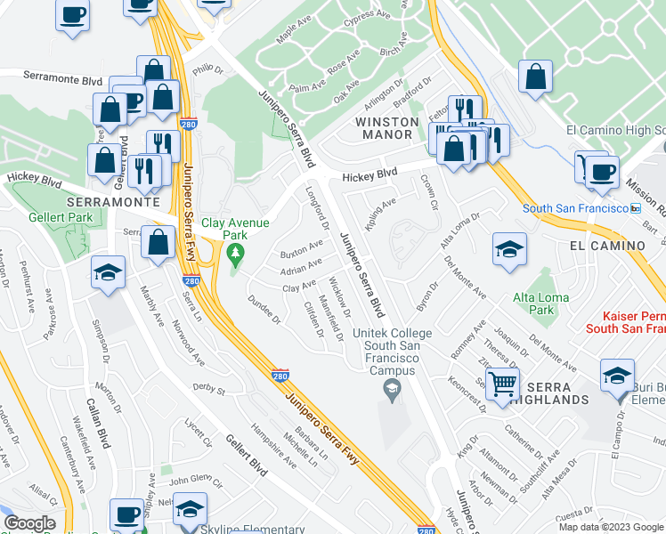 map of restaurants, bars, coffee shops, grocery stores, and more near 106 Clay Avenue in South San Francisco