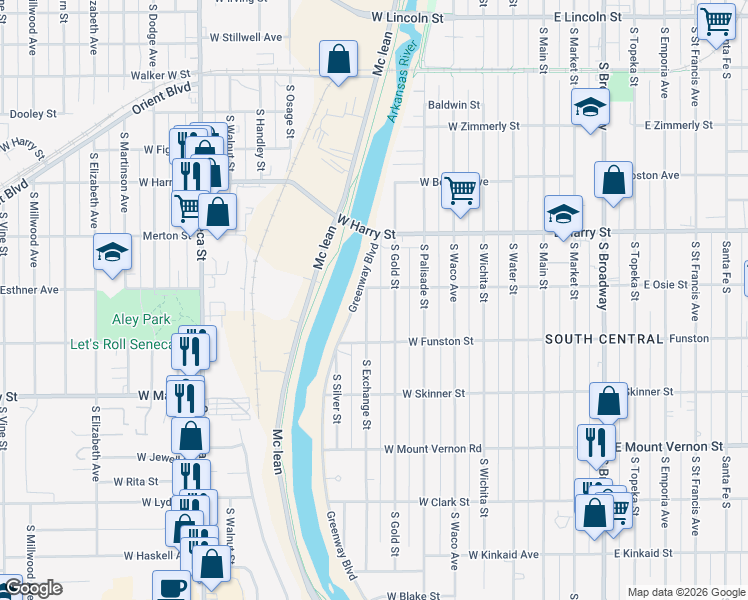 map of restaurants, bars, coffee shops, grocery stores, and more near 1714 South Exchange Street in Wichita