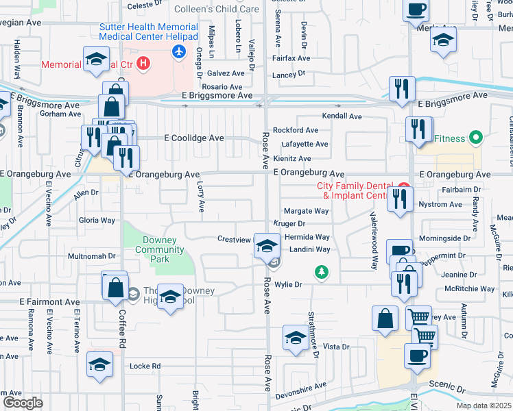 map of restaurants, bars, coffee shops, grocery stores, and more near 1312 Nelda Way in Modesto