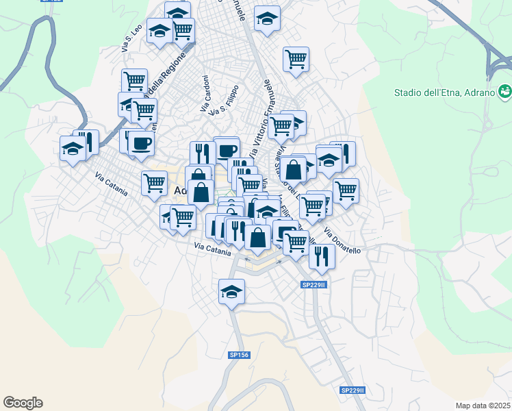 map of restaurants, bars, coffee shops, grocery stores, and more near 14 Via del Segreto in Adrano