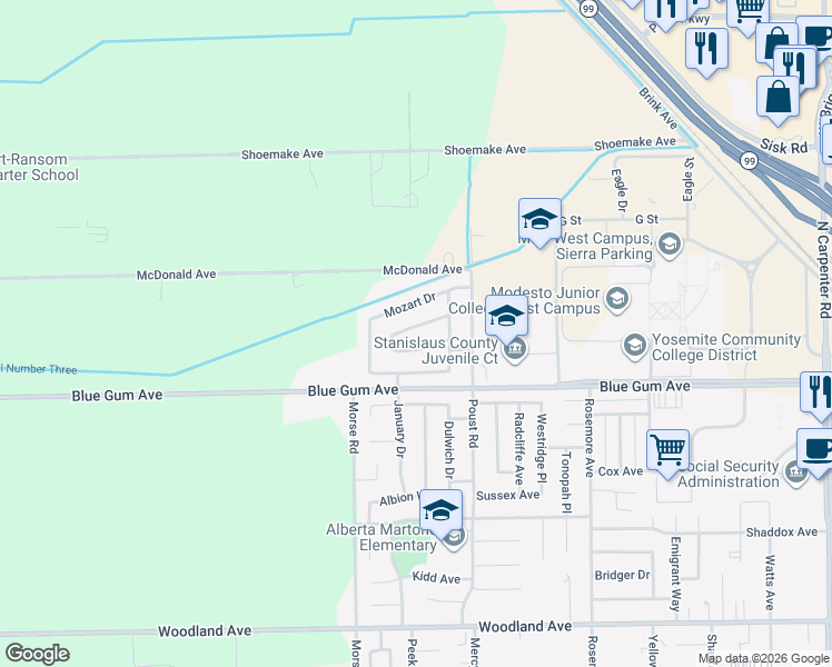 map of restaurants, bars, coffee shops, grocery stores, and more near 2704 Amadeus Dr in Modesto