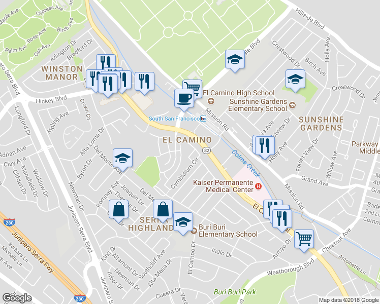 map of restaurants, bars, coffee shops, grocery stores, and more near 8 Miltonia Drive in South San Francisco