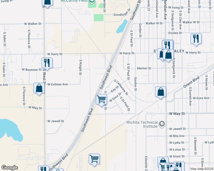 map of restaurants, bars, coffee shops, grocery stores, and more near 1702 Catherine Street in Wichita
