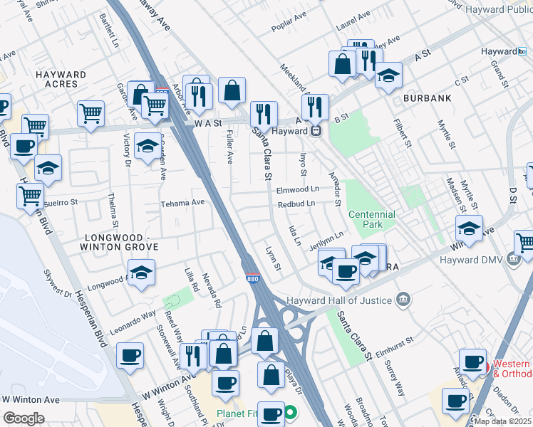 map of restaurants, bars, coffee shops, grocery stores, and more near 22939 Santa Clara Street in Hayward