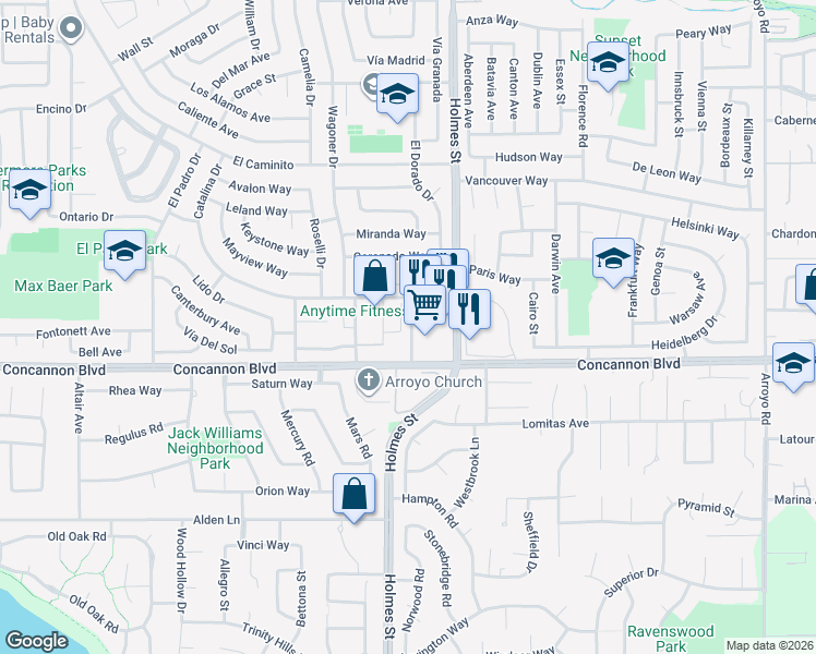 map of restaurants, bars, coffee shops, grocery stores, and more near 1841 Barcelona Street in Livermore