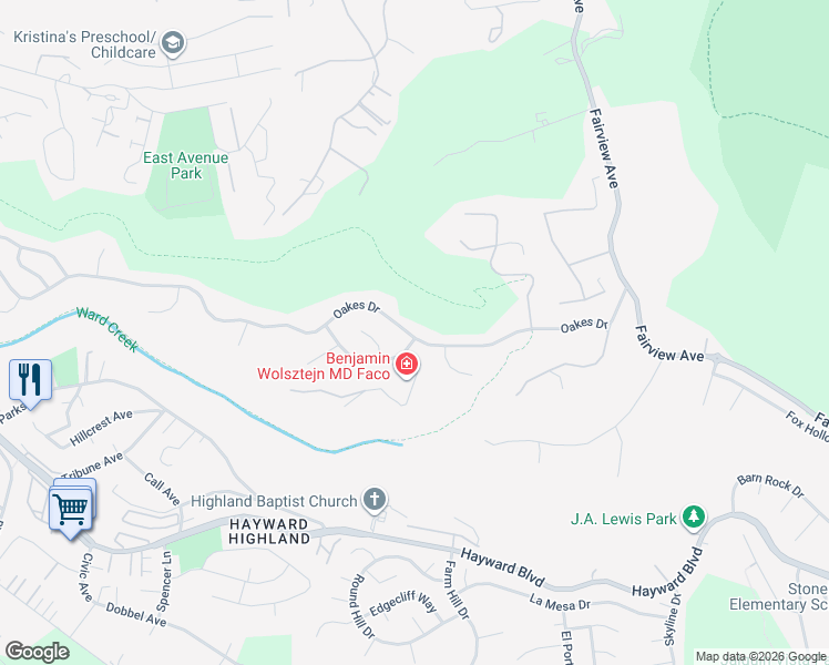 map of restaurants, bars, coffee shops, grocery stores, and more near 3756 Oakes Drive in Hayward