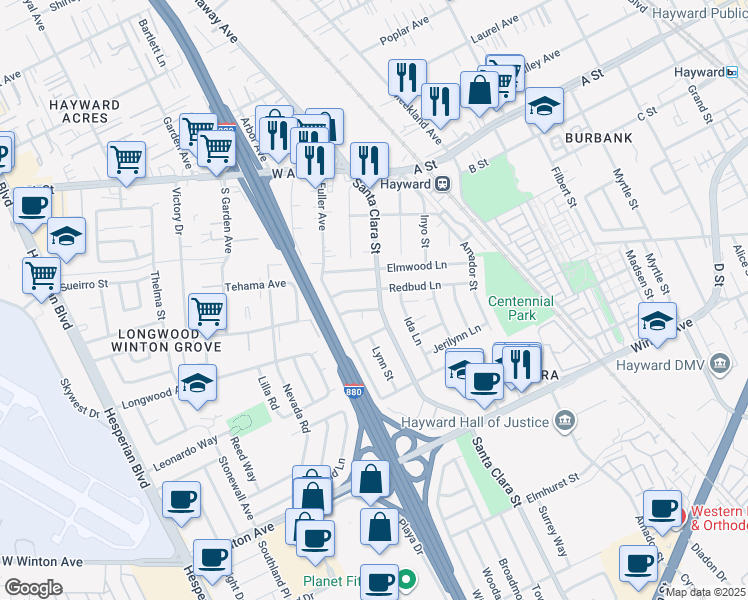 map of restaurants, bars, coffee shops, grocery stores, and more near 22939 Santa Clara Street in Hayward