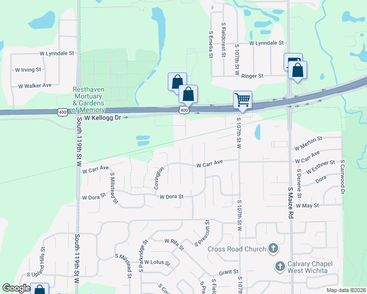 map of restaurants, bars, coffee shops, grocery stores, and more near 11222 Carr Court in Wichita