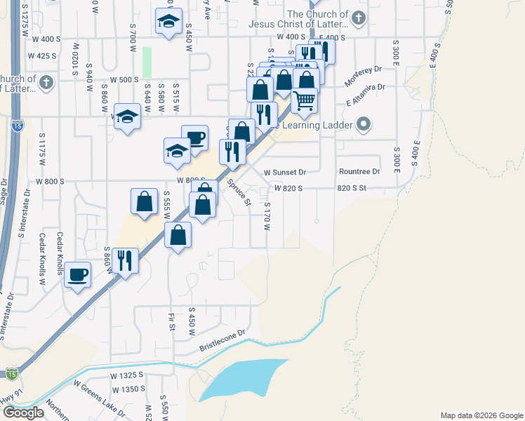 map of restaurants, bars, coffee shops, grocery stores, and more near 885 South 170 West in Cedar City