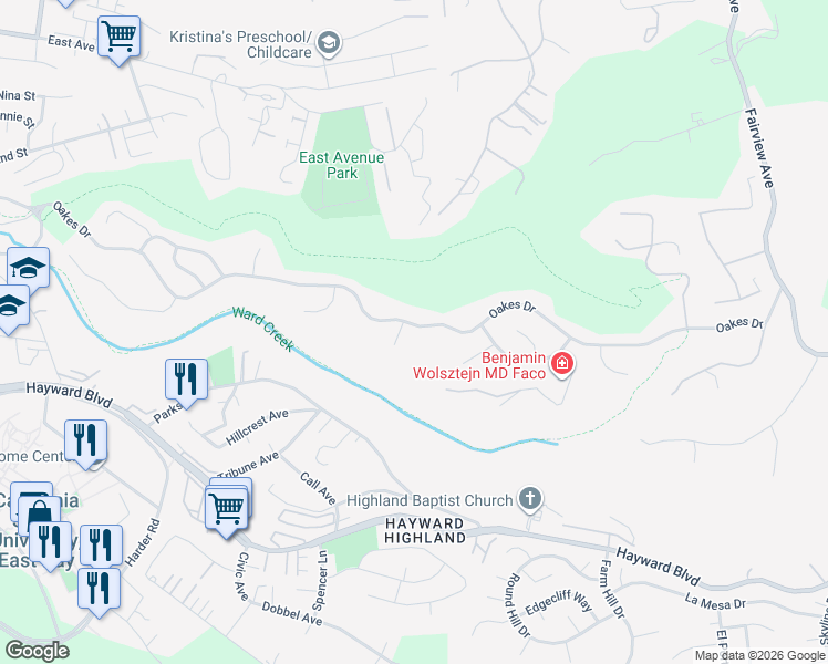 map of restaurants, bars, coffee shops, grocery stores, and more near 3555 Oakes Drive in Hayward