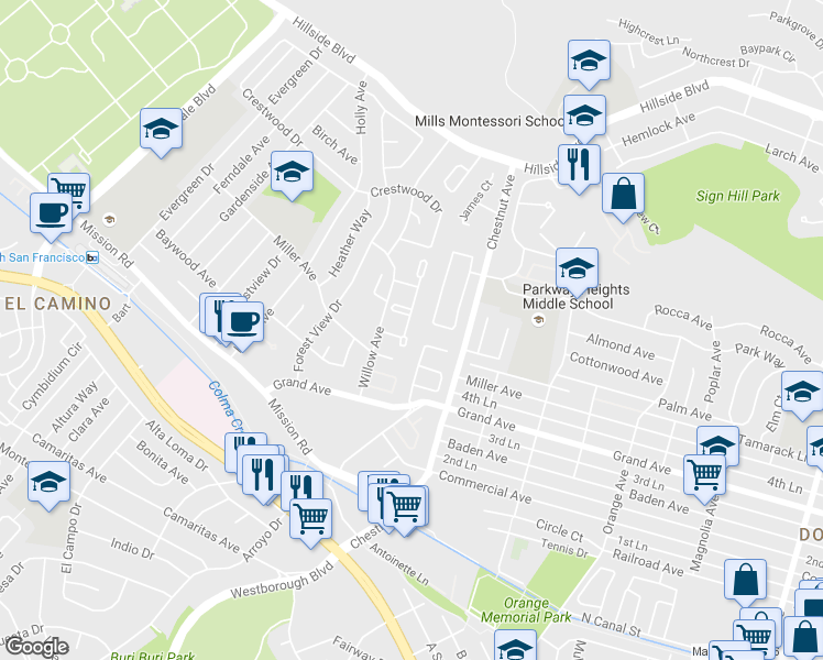 map of restaurants, bars, coffee shops, grocery stores, and more near 328 Susie Way in South San Francisco