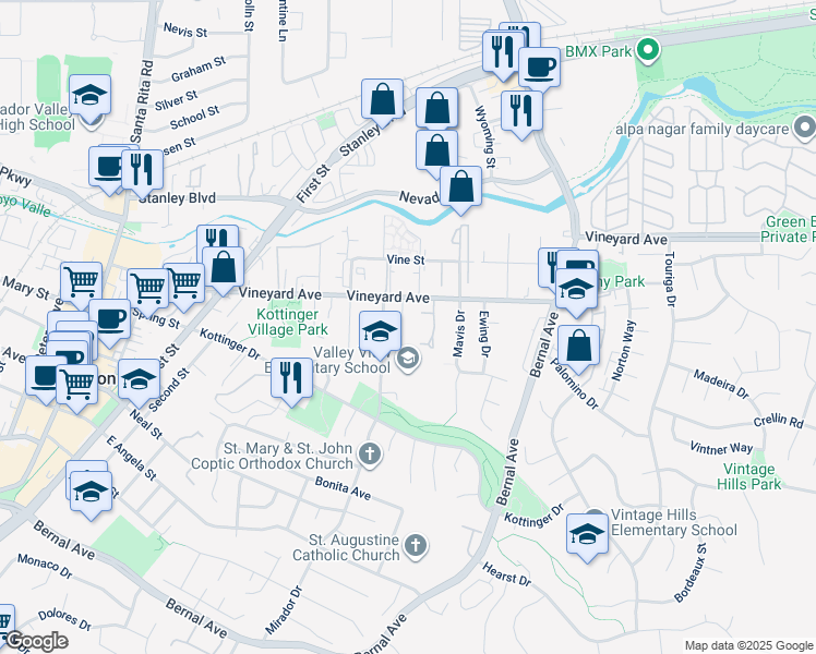 map of restaurants, bars, coffee shops, grocery stores, and more near 3800 Vineyard Avenue in Pleasanton