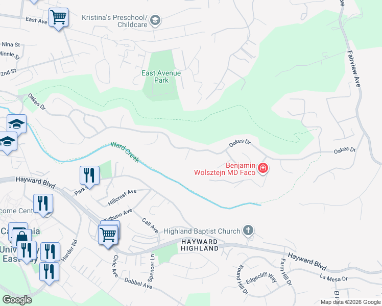 map of restaurants, bars, coffee shops, grocery stores, and more near 26412 Chatham Court in Hayward