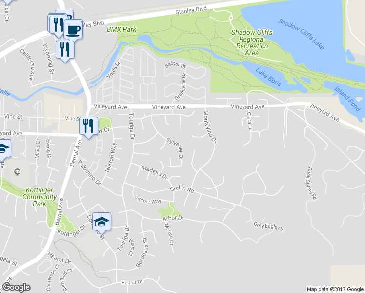 map of restaurants, bars, coffee shops, grocery stores, and more near 798 Sylvaner Drive in Pleasanton