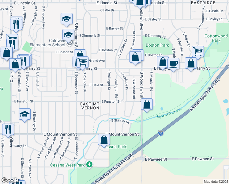 map of restaurants, bars, coffee shops, grocery stores, and more near 1727 Lexington Road in Wichita