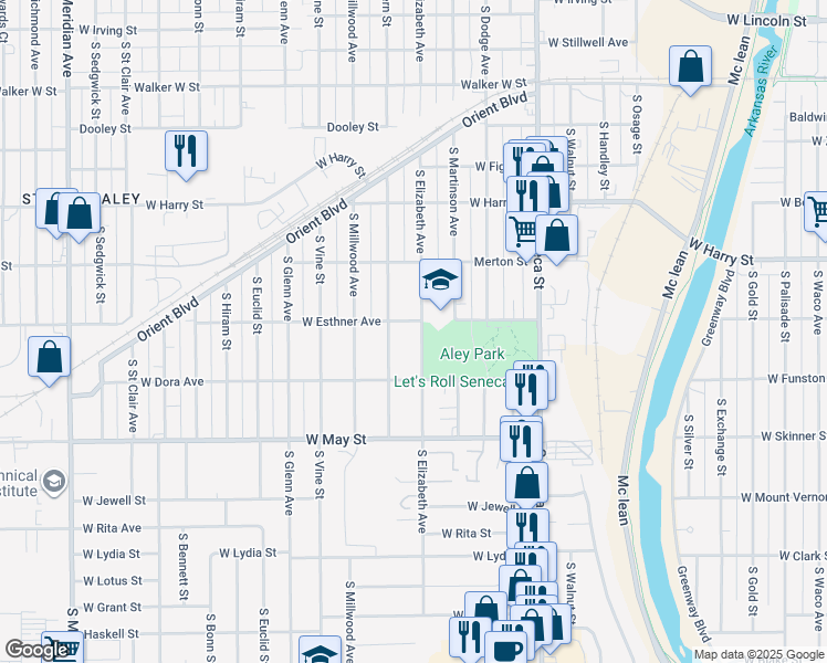 map of restaurants, bars, coffee shops, grocery stores, and more near 1805 South Elizabeth Street in Wichita