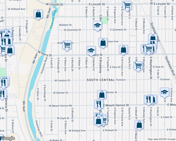map of restaurants, bars, coffee shops, grocery stores, and more near 1710 South Main Street in Wichita