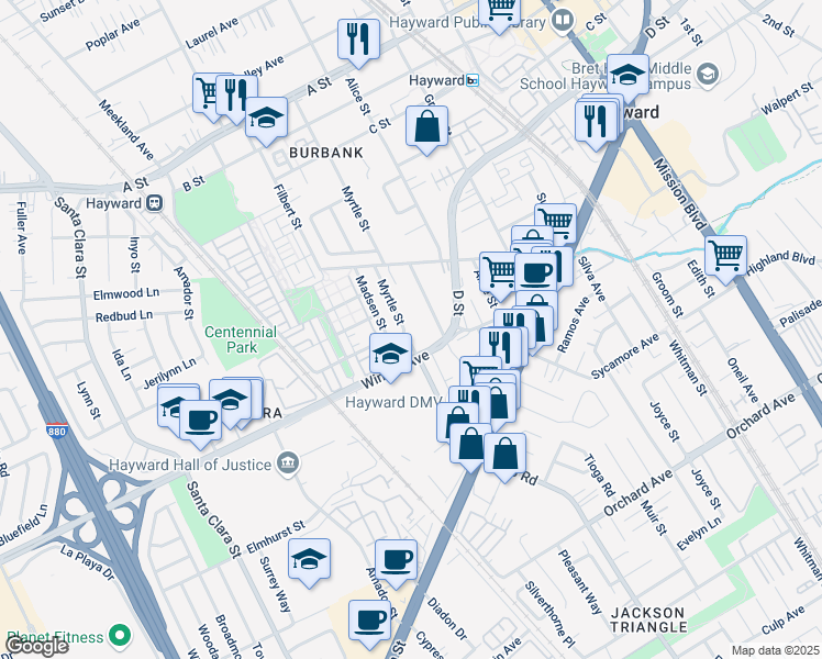 map of restaurants, bars, coffee shops, grocery stores, and more near 24060 Myrtle Street in Hayward