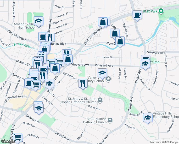 map of restaurants, bars, coffee shops, grocery stores, and more near 342 Christina Court in Pleasanton