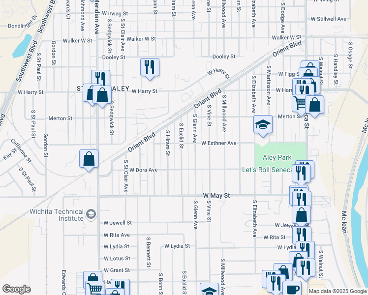 map of restaurants, bars, coffee shops, grocery stores, and more near 1808 South Euclid Street in Wichita