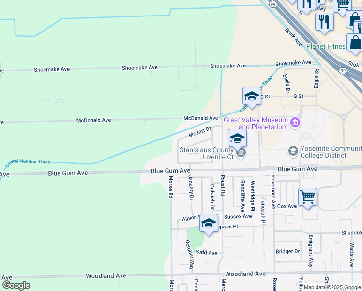map of restaurants, bars, coffee shops, grocery stores, and more near 1808 Beethoven Way in Modesto