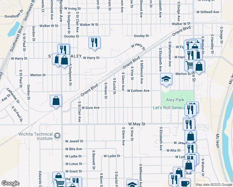map of restaurants, bars, coffee shops, grocery stores, and more near 1808 South Euclid Street in Wichita