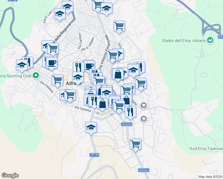 map of restaurants, bars, coffee shops, grocery stores, and more near 24 Via Filippo Brunelleschi in Adrano
