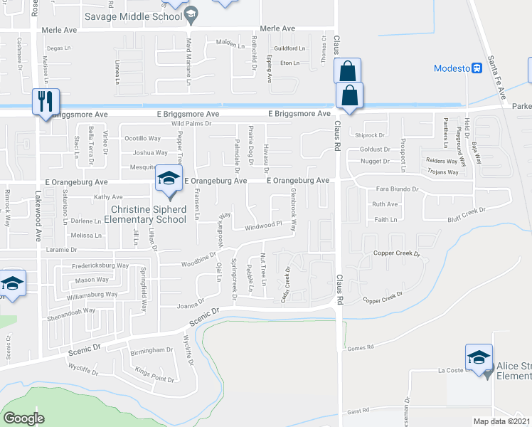 map of restaurants, bars, coffee shops, grocery stores, and more near 1309 Broughton Place in Modesto
