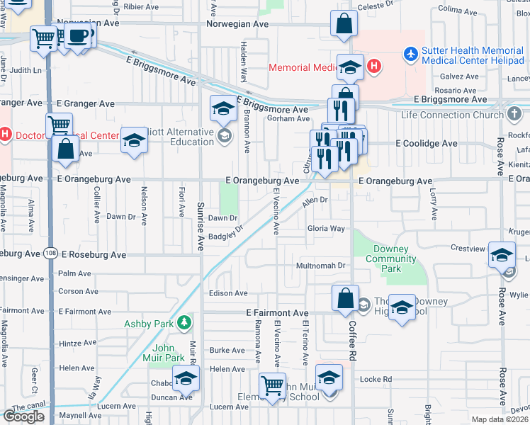 map of restaurants, bars, coffee shops, grocery stores, and more near 1012 Badgley Drive in Modesto