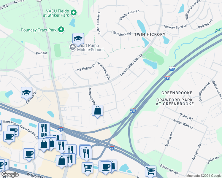 map of restaurants, bars, coffee shops, grocery stores, and more near 11721 Cobblestone Landing Court in Glen Allen