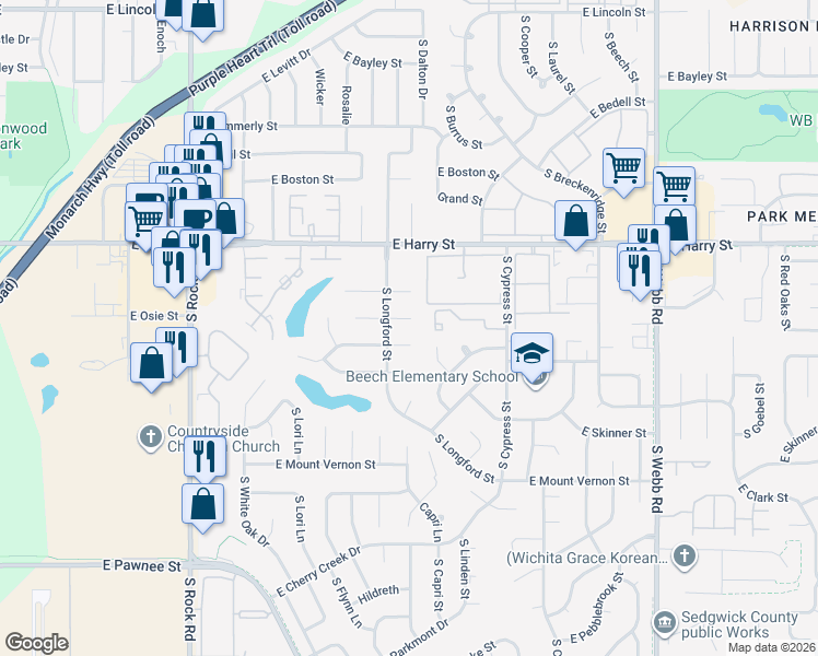 map of restaurants, bars, coffee shops, grocery stores, and more near 8721 East Arthur Circle in Wichita