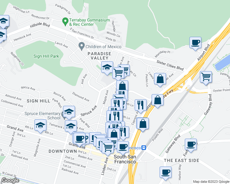map of restaurants, bars, coffee shops, grocery stores, and more near 849 Olive Avenue in South San Francisco
