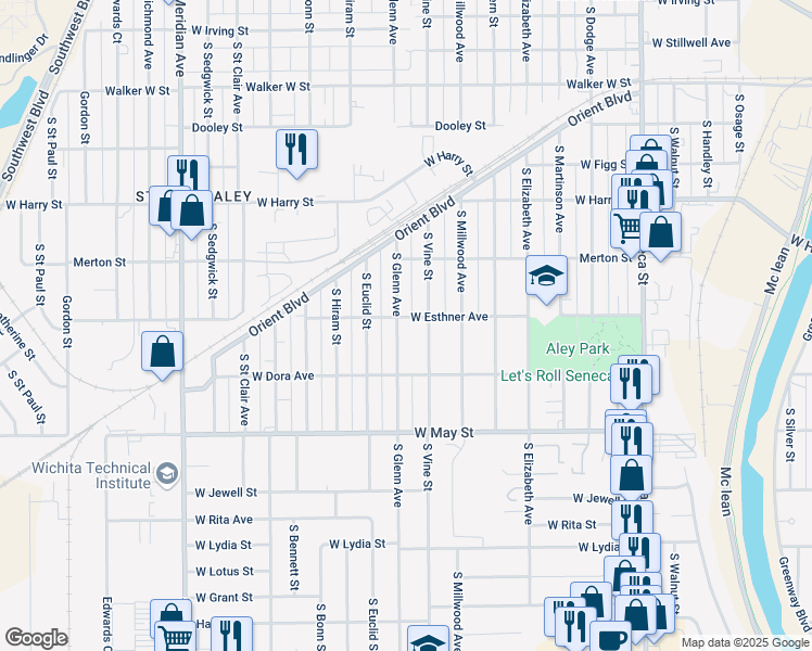 map of restaurants, bars, coffee shops, grocery stores, and more near 1808 South Glenn Avenue in Wichita