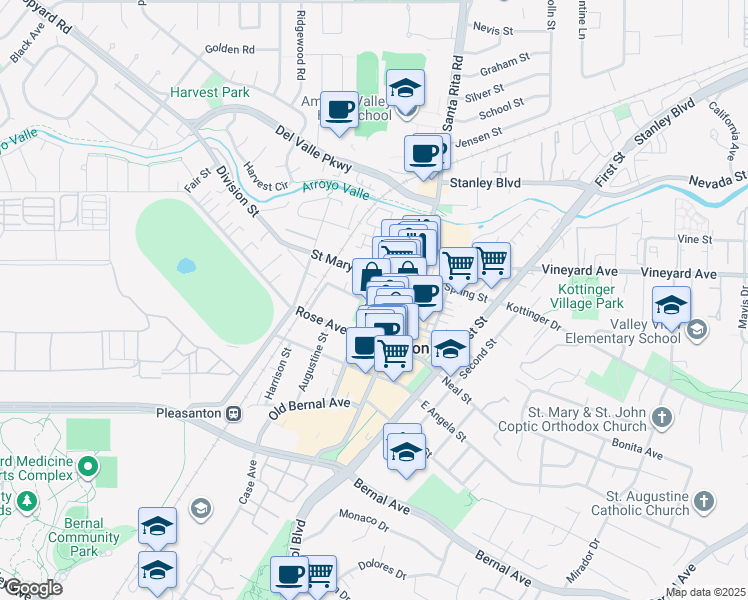 map of restaurants, bars, coffee shops, grocery stores, and more near 699 Peters Avenue in Pleasanton