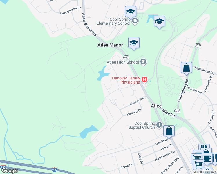 map of restaurants, bars, coffee shops, grocery stores, and more near 9205 Fairfield Farm Court in Mechanicsville
