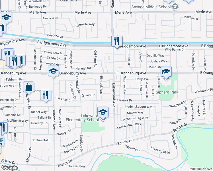 map of restaurants, bars, coffee shops, grocery stores, and more near 2909 Cache Creek Way in Modesto