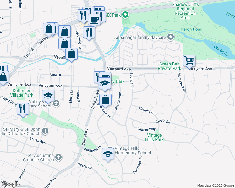 map of restaurants, bars, coffee shops, grocery stores, and more near 3399 Norton Way in Pleasanton