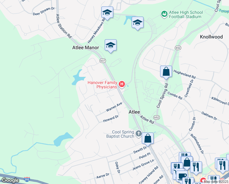 map of restaurants, bars, coffee shops, grocery stores, and more near 9212 Cremins Court in Hanover County