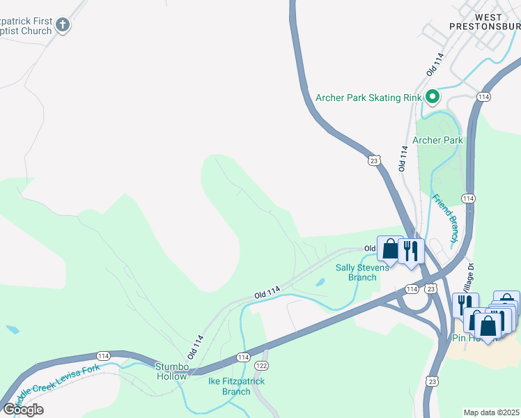 map of restaurants, bars, coffee shops, grocery stores, and more near Sally Stephens Branch in Prestonsburg