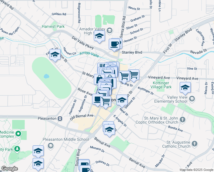 map of restaurants, bars, coffee shops, grocery stores, and more near 620 Main Street in Pleasanton