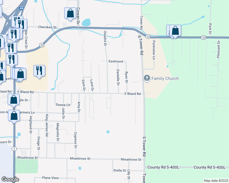 map of restaurants, bars, coffee shops, grocery stores, and more near 1549 Danielle Drive in Lebanon